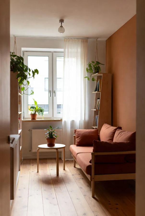 aménager un petit appartement lumineux aux tons beige et terracotta