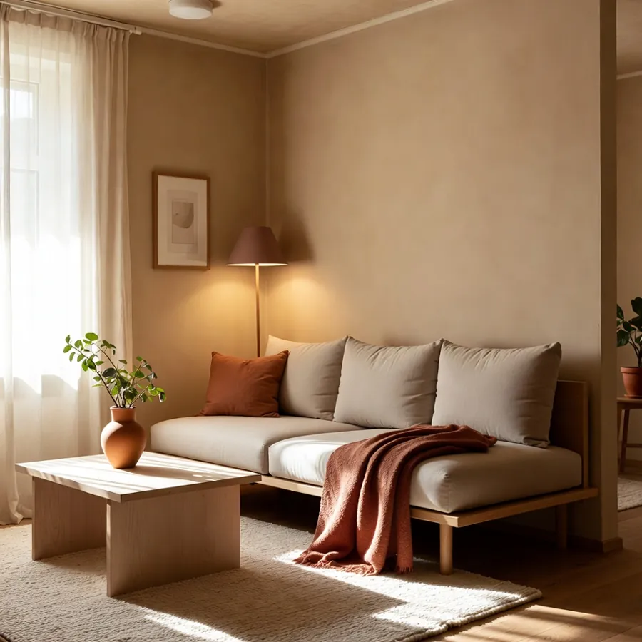 Aménager un petit appartement lumineux aux tons beige et terracotta