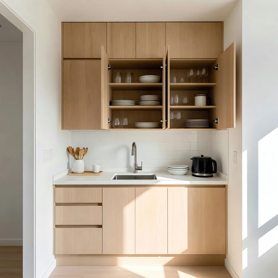 Petite cuisine avec rangement vertical jusqu'au plafond