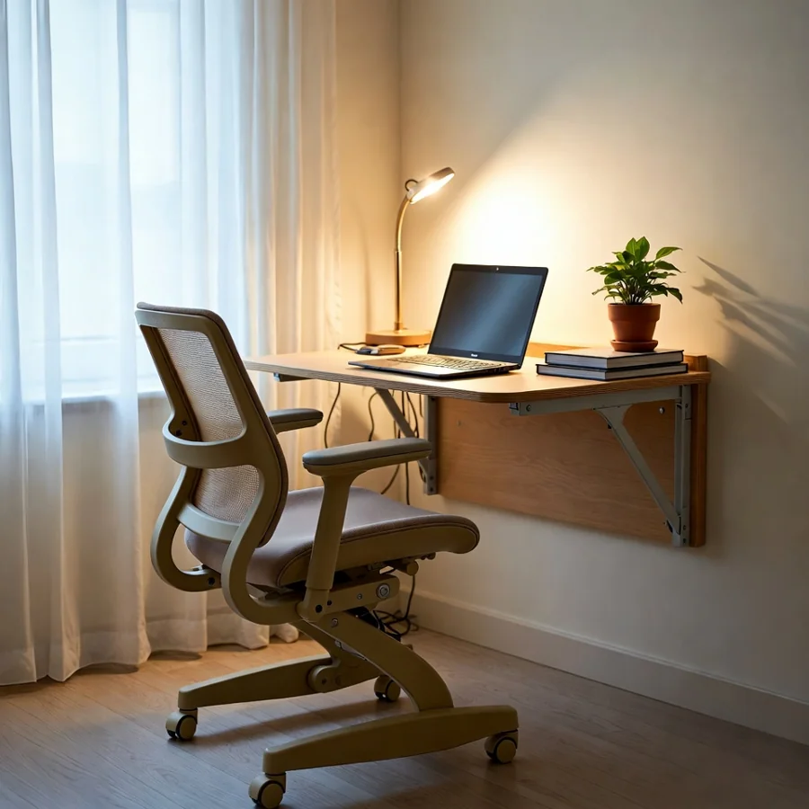 Coin bureau pliable dans un studio aménagé pour le télétravail