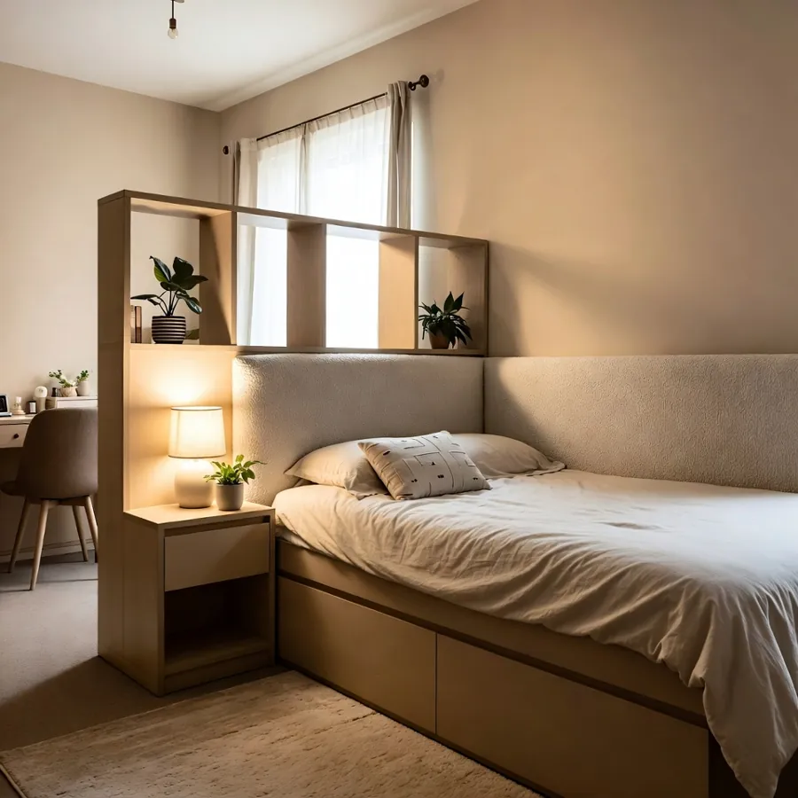 Coin nuit dans un studio aménagé avec rangements intégrés