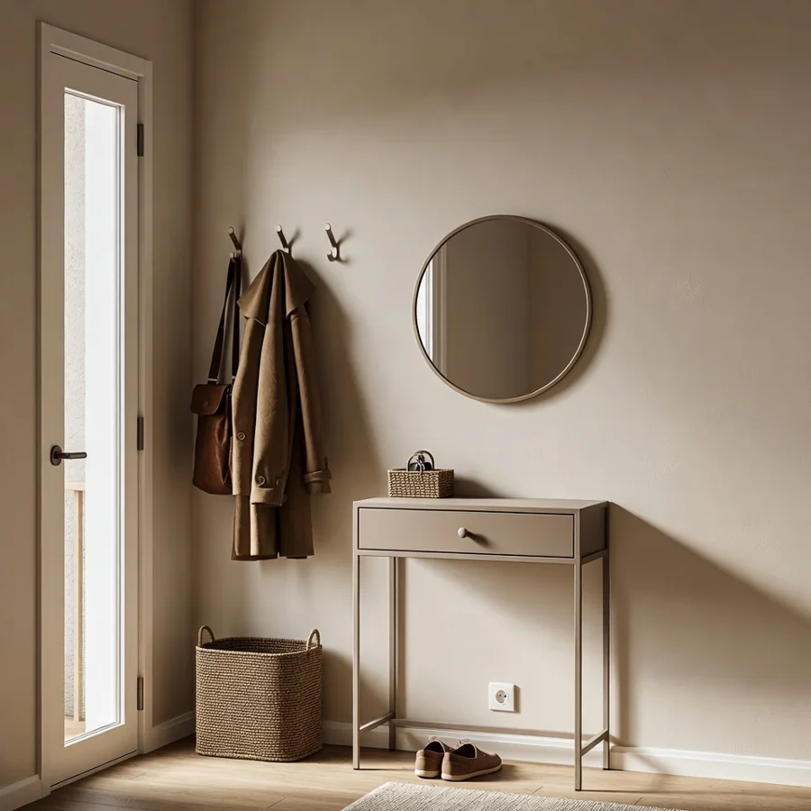 Entrée optimisée dans un studio avec console, miroir et crochets
