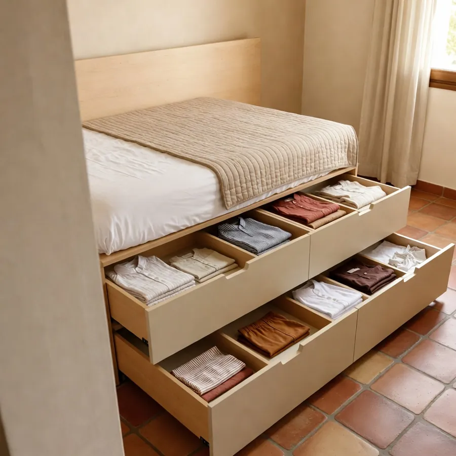 Lit avec rangements intégrés, meuble multifonction petit espace essentiel