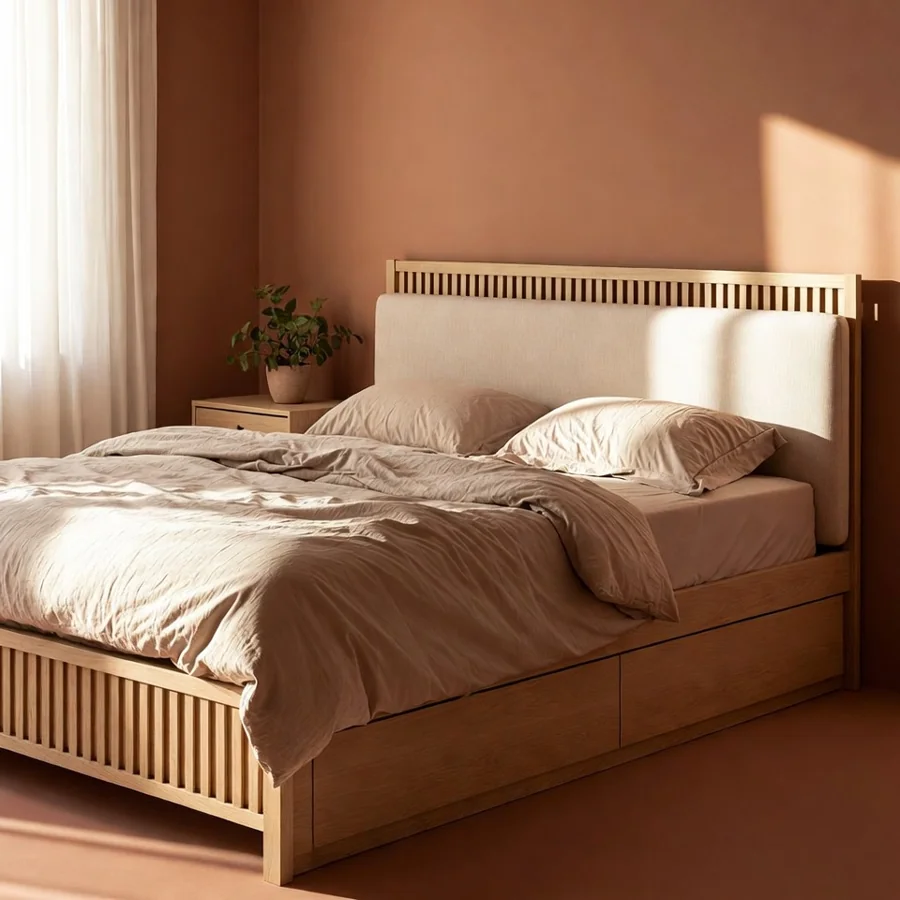Lit avec rangements intégrés, solution de rangement petit espace efficace