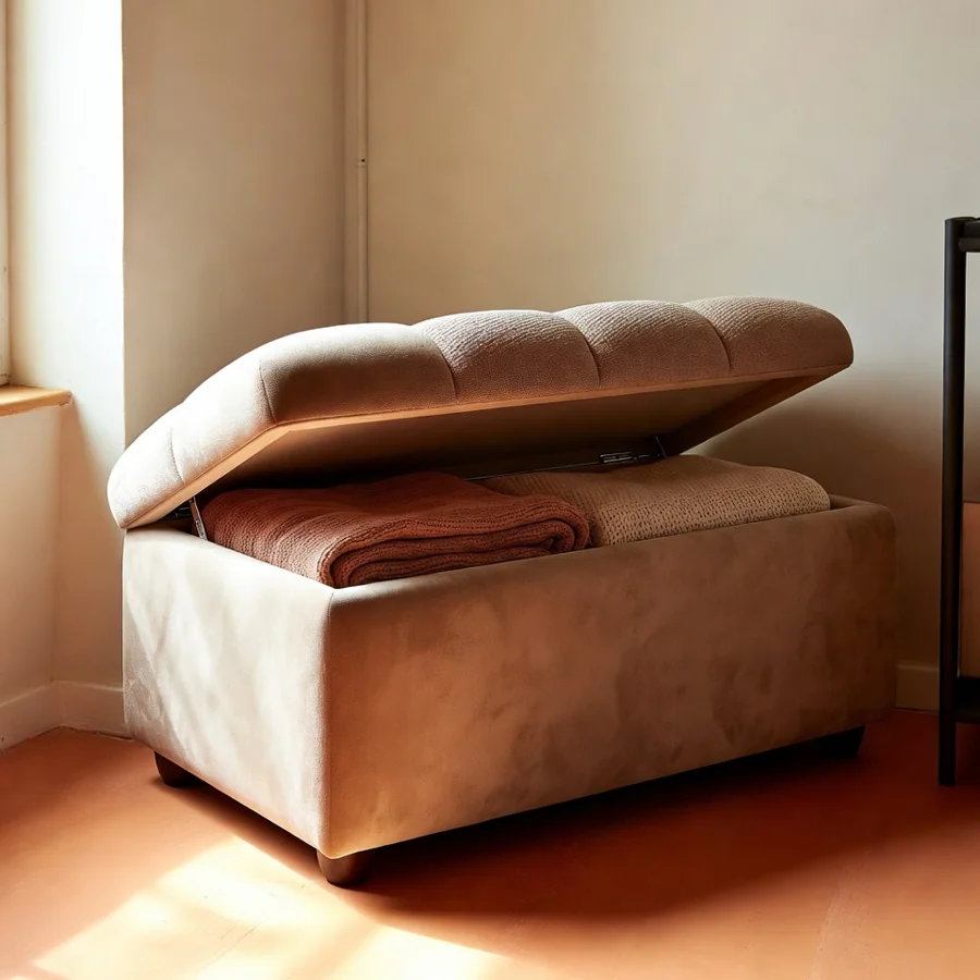 Ottoman pouf-coffre, meuble multifonction petit espace polyvalent