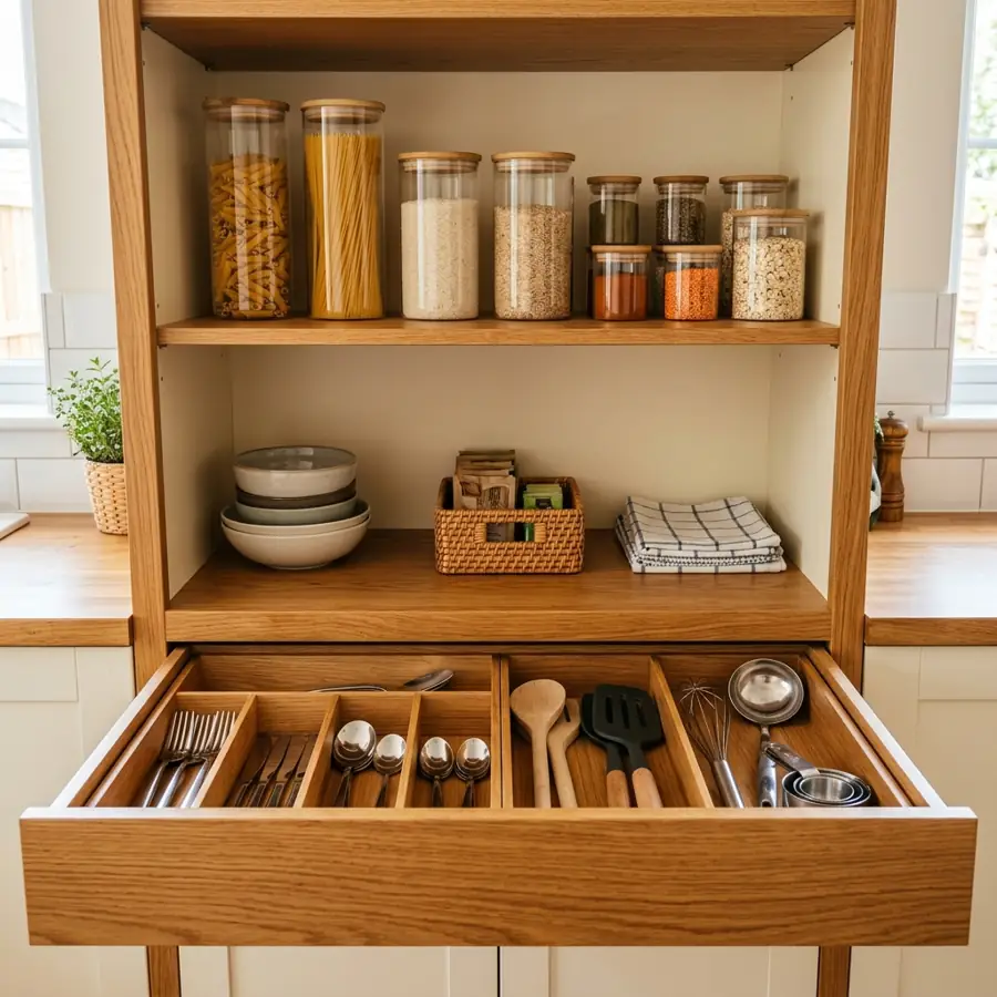 Placards et tiroirs organisés dans une petite cuisine