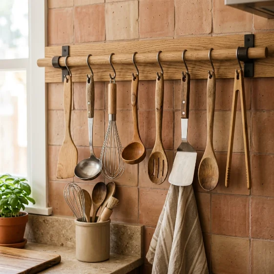 Barre murale pour ustensiles, idée de rangement petite cuisine maline