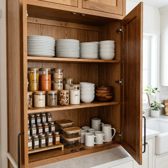 Étagères additionnelles dans les placards, rangement petite cuisine efficace